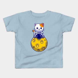 Cute Astronaut Cat Sitting On Moon Cartoon Kids T-Shirt